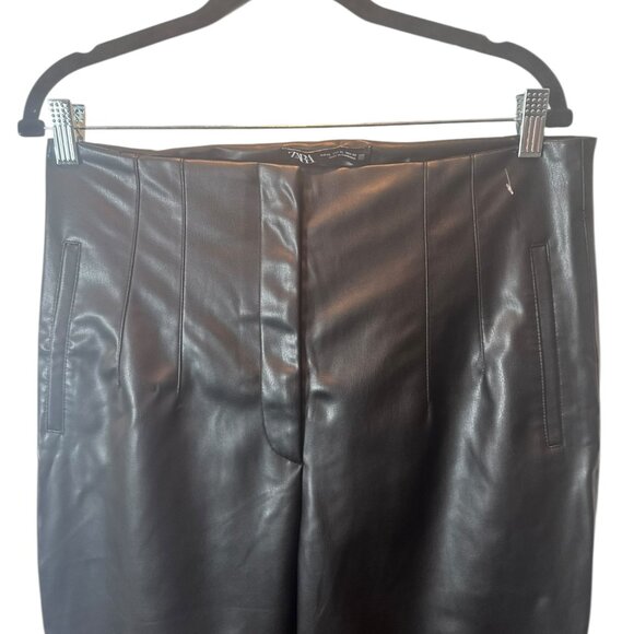 ZARA Faux Leather Straight Leg Pants Size XL – Black High Waist Vegan Leather Tr - Picture 3 of 5